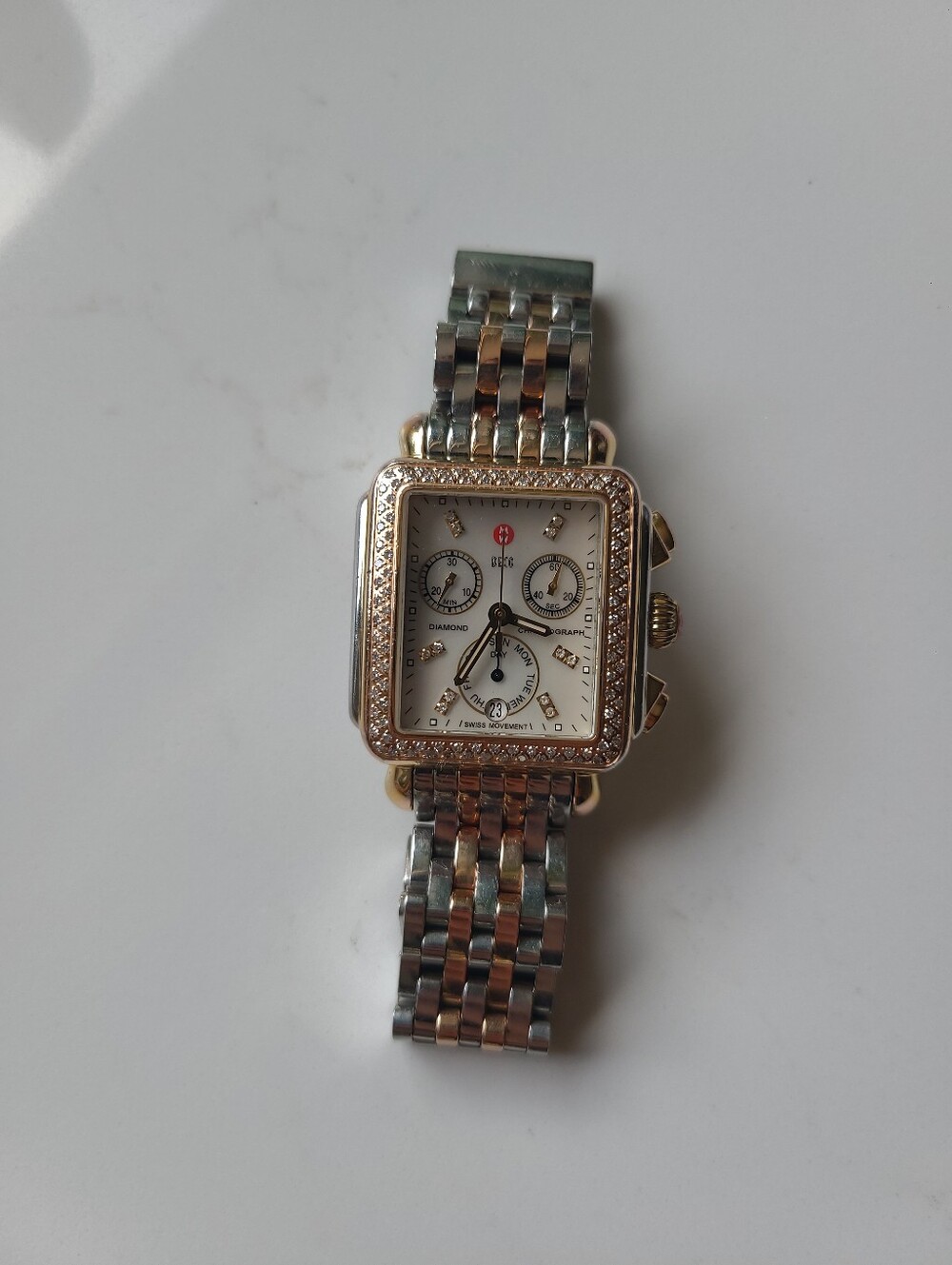 Michele Deco Tri Tone Diamond Yellow Gold Rose Gold And Silver Watch